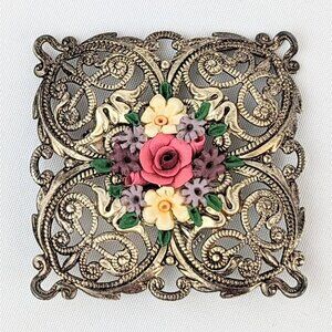 Victorian Ornate Pink Flower Brooch Silver Filigree Vintage Gilded Age Sash Pin
